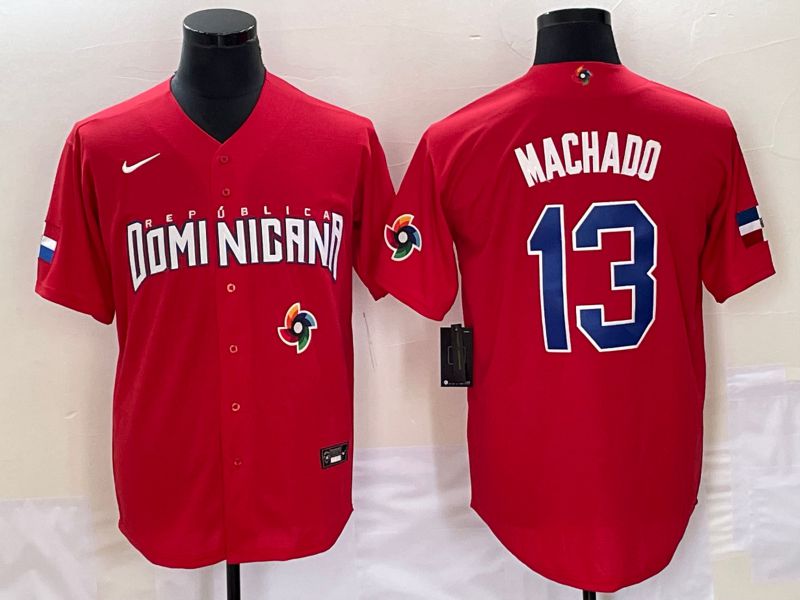Men 2023 World Cub Dominicana 13 Machado Red Nike MLB Jersey9
